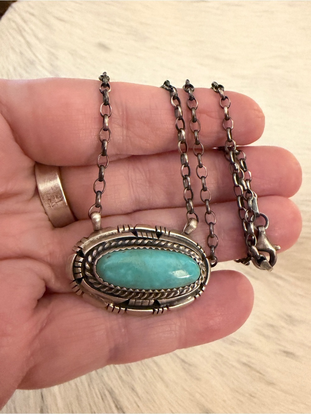 ❤️Navajo Signed William Begay Kingman Turquoise Sterling Pendant Necklace 18+1”L